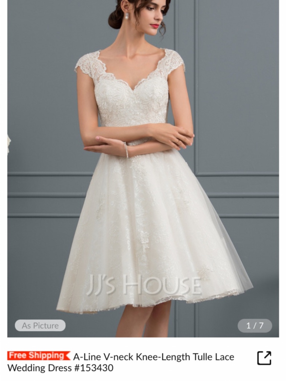 JJs House White A-Line V-Neck Knee-Length Lace Tulle Wedding Dress